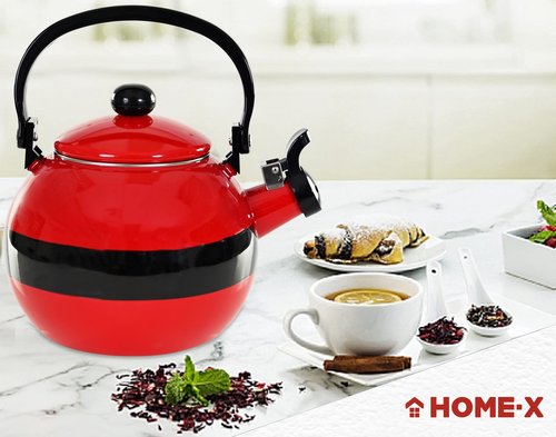 Home-X Santa Claus Whistling Tea Kettle - Porcelain Coated Stainless Steel Tea Kettle for Boiling Water - Cute Red Teapot for Stovetop - 2-Liter Capacity, 9"L x 7"W x 9"H Whistling Teapot