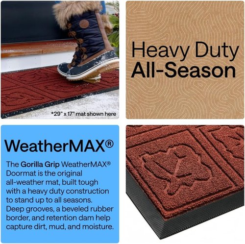 GORILLA GRIP Waterproof All-Season WeatherMAX Doormat - 35x23 Natural Rubber, Stain & Fade Resistant, Easy Clean, Burgundy Leaves