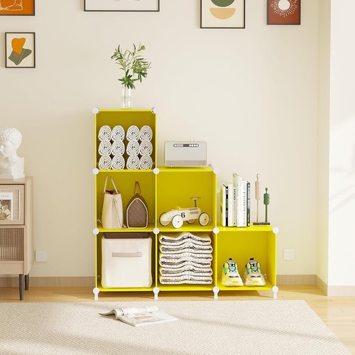 AWTATOS Cube Storage Organizer - 6 DIY Stackable Closet Organizers for Bedroom | Yellow Plastic Shelving