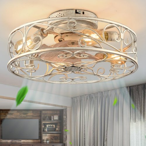 XUDOM 20" Caged Ceiling Fans with Lights and Remote, Bladeless Ceiling Fan 6 Speed Reversible with 4 Bulbs and Remote Control,Flush Mount Caged Ceiling Fan for Bedroom, Living Room, (Include Bulbs)