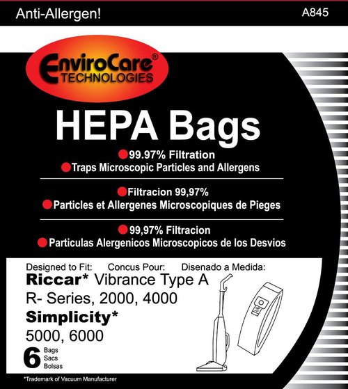 EnviroCare Replacement HEPA Filtration Vacuum Cleaner Dust Bags made to fit Riccar Vibrance Type A R-Series, 2000, 4000, Simplicity 5000, 6000 6 Pack