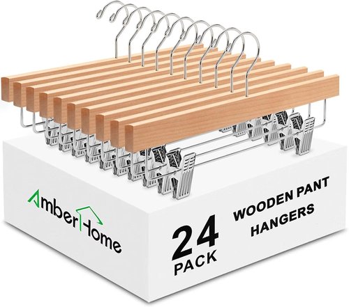 Amber Home Wooden Pants Hangers - 24 Pack Natural Wood Clips for Jeans, Slacks & Shorts