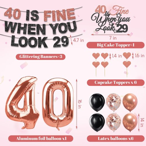 Yatufom 40th Birthday Decorations for Women, Pre-Strung 40 Is Fine When You Look 29 Banner, Number 40 Balloons Cake & Cupcake Toppers Party Supplies Kit, 40 Year Old Birthday Party Decorations