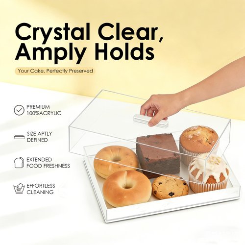 Large Acrylic Rectangular Cake Tray - Multifunctional Rectangle Cake Stand with Cover Lid - Pastry Serving Dessert Holder Tray for Party Home Kitchen Gift2 (White)
