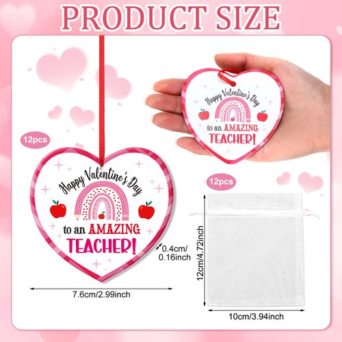 Vercraft 36 Pcs Valentines Day Teacher Appreciation Gift Bulk 12 Ceramic Pink Heart Ornament 12 Red Rope 12 Organza Bag Valentines Daycare Teacher Thank You Gift for Women Kindergarten Preschool Favor