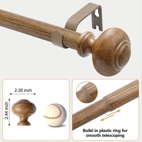 Wood Curtain Rods for Windows 48 to 84 Inch(4-7ft),1 Inch Heavy Duty Curtain Rods with Imitation Wood Grain Finials, Boho Adjustable Drapery Rod of Window Treatment