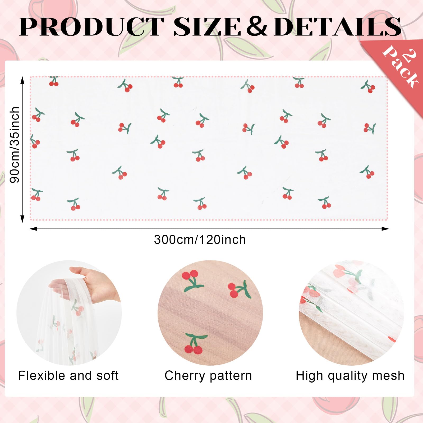 Windkream 2 Pack Cherry Table Runner 35x120 Inch Cherry Birthday Party Decorations Fruit Summer Lace Tulle Fabric Table Dining Room Kitchen Holiday Wedding Baby Shower Arch Veil Decor