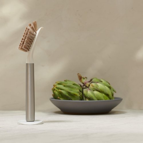 Curio Home Goods Ionic Dish Brush, Magnetized to Stand Upright, Stainless Steel with Replaceable Head, Silver