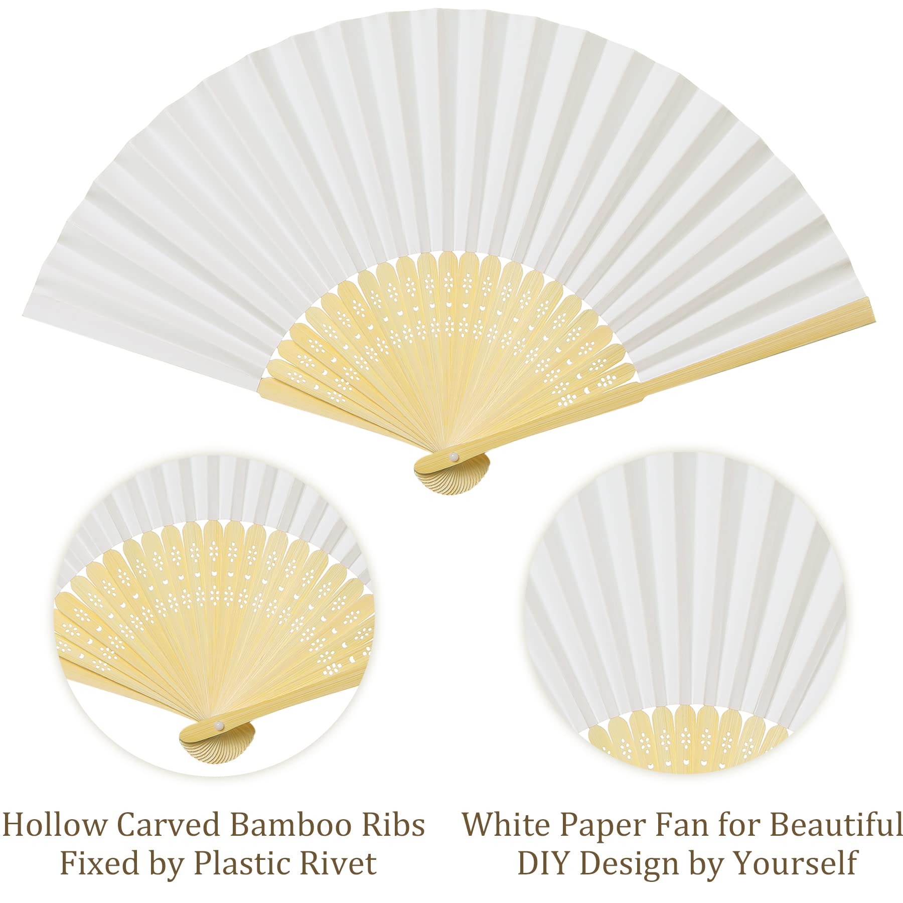 Coucoland 100 Pcs White Bamboo Folding Handheld Fan Hand Fan for Wedding Home Decoration Party Favors Bridal Dancing Party