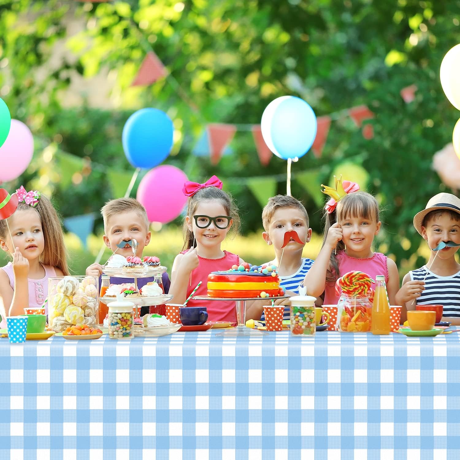 Skiennix Blue Checkered Tablecloth - 6 Pack Disposable Waterproof Gingham | 54 x 108 Inch for Parties & Picnics