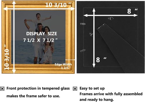 LaVie Home 8x8 Picture Frame - Gold Square Photo Frame Set with High Definition Glass for Wall & Table Display