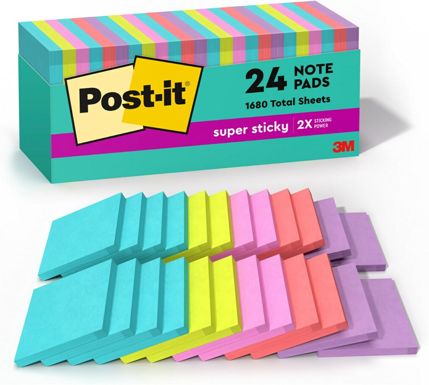 Post-it Super Sticky Notes - 24 Pads, 3 x 3 In. | Supernova Neons Collection with 2X Sticking Power