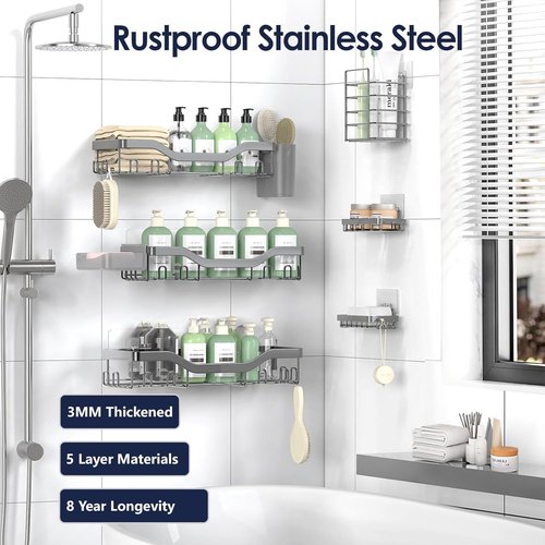 NESOMI Shower Caddy - Rustproof Stainless Steel Adhesive Organizer | 8-Pack Large Capacity Storage with Soap Dish & Hooks