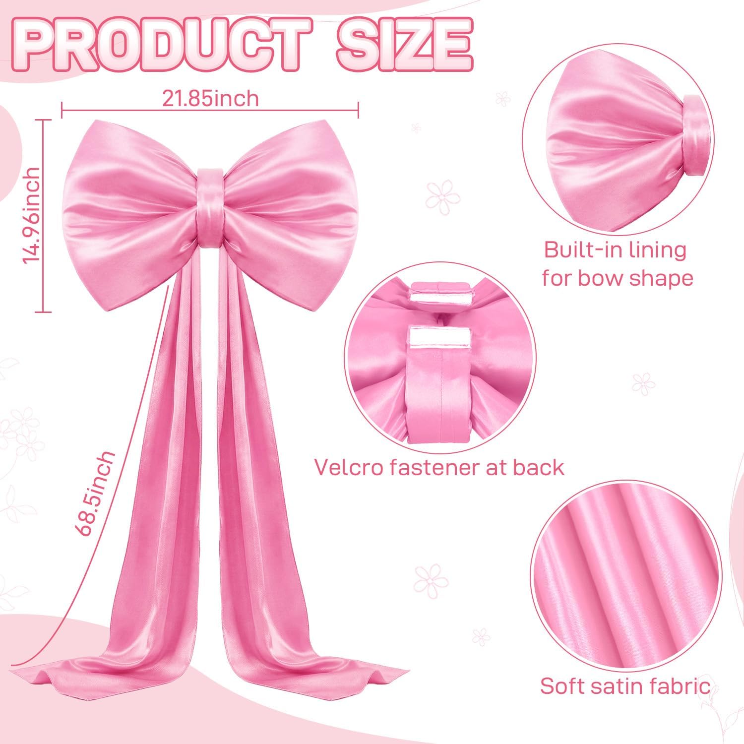 Skiennix Large Pink Bow - 70 x 22 Inch Satin Ribbon Tie for Coquette Birthday & Wedding Decor