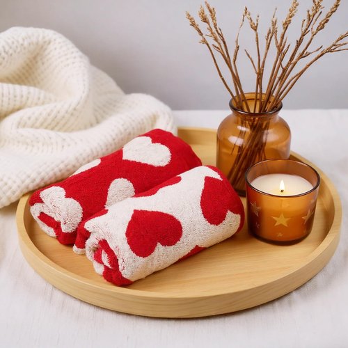 Sucrain 2Pcs Valentine’s Day Hand Towels Red White Hearts Cotton Bathroom Decorative Towels Set for Drying, Cleaning, Cooking, Holiday 13.8'' x 28.7''