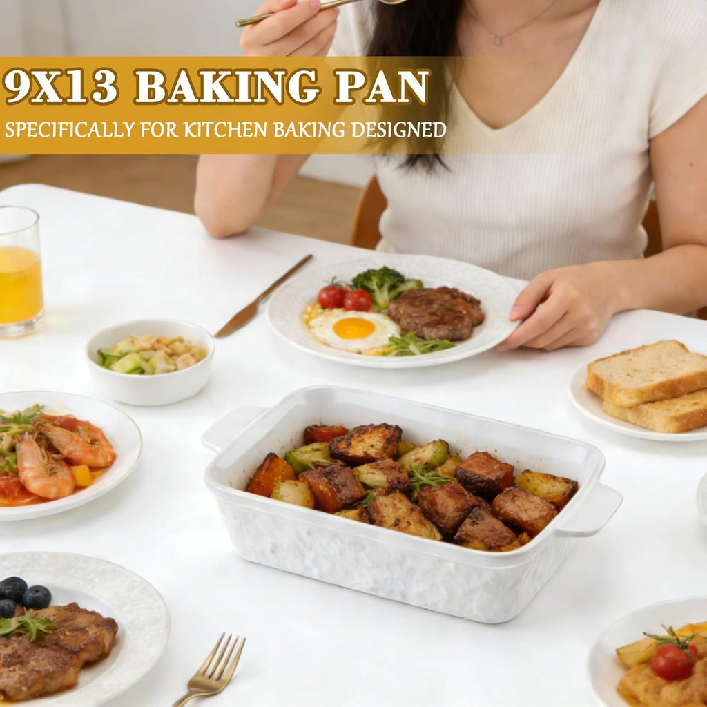 Regine Switzerland 9x13 Baking Pan - Durable Ceramic Casserole Dish with Handles | 4.4QT Soft White