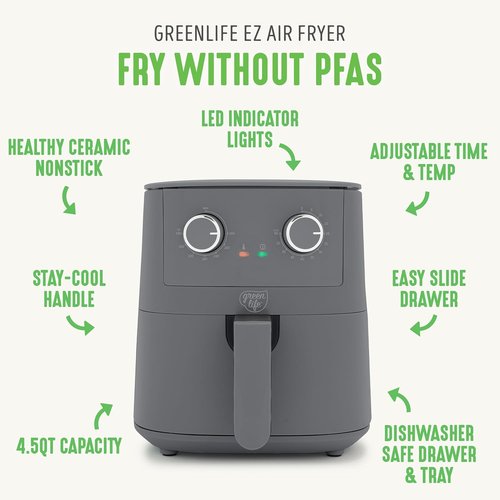 GreenLife 4.5QT Air Fryer - PFAS-Free Ceramic Nonstick, Adjustable Temp & Timer, Compact Graphite