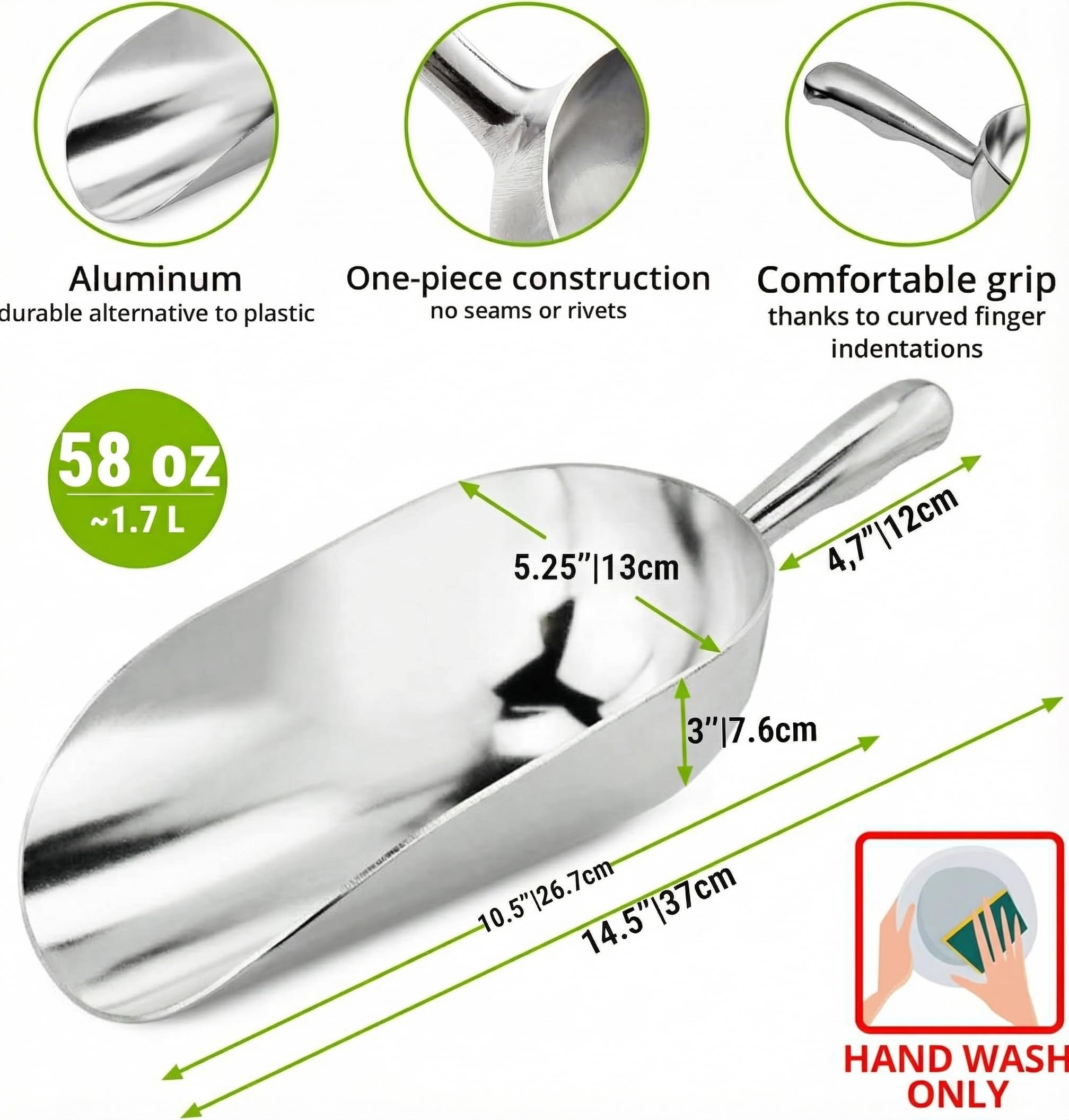 [Set of 3] 24oz + 58oz + 85oz Metal Scoops for Ice Machine - Large Aluminum Ice Scoop Bundle - Hand Wash Only