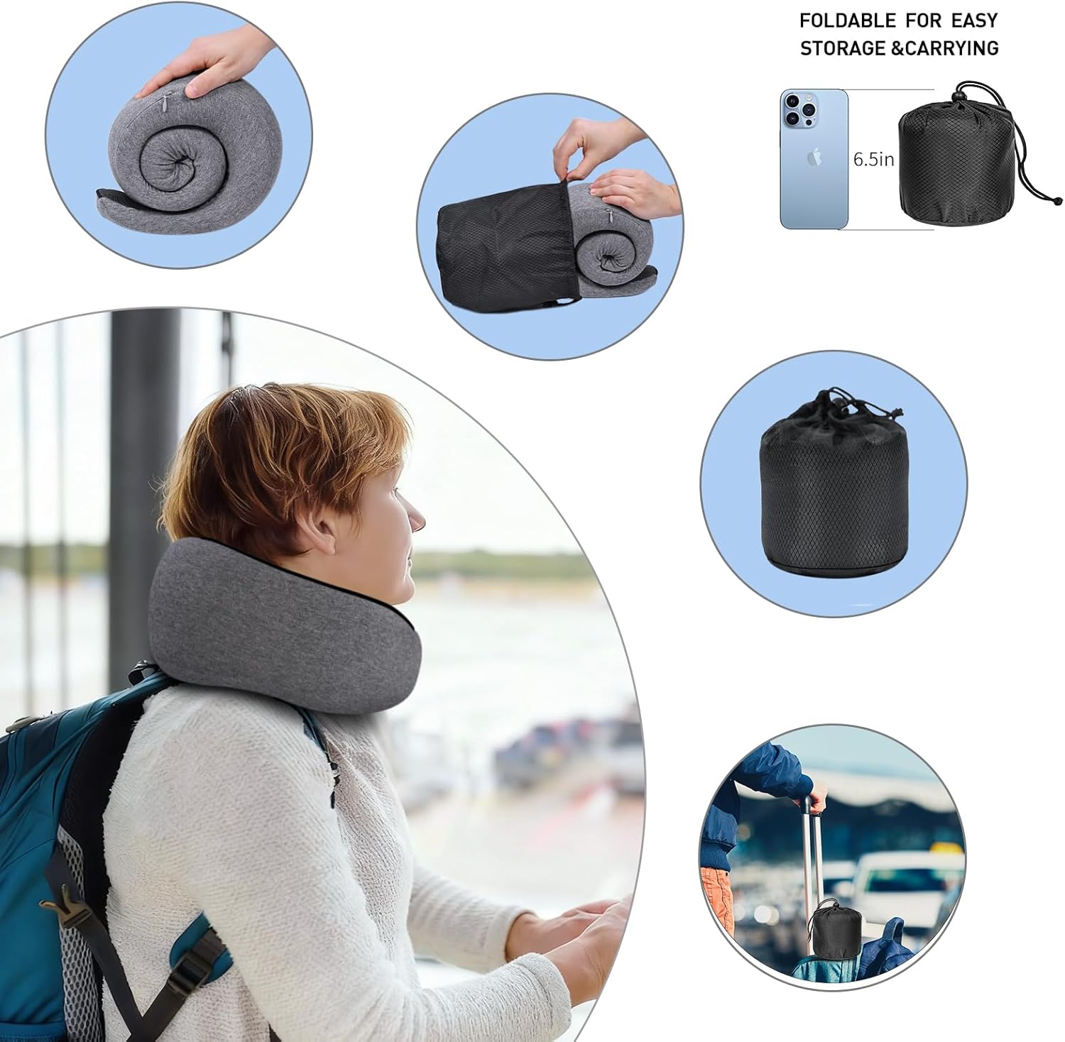 Skiennix Memory Foam Neck Travel Pillow - Ergonomic Comfort for Airplanes & Car Rides | Compact Grey Design