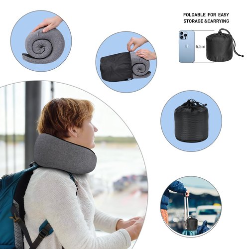 Dujuanus Neck Travel Pillows for Airplanes Memory Foam Neck Comfort Pillow Compact Ergonomic Design Sleeping Essentials for Long Flights Car Rides and Home Use (Grey)