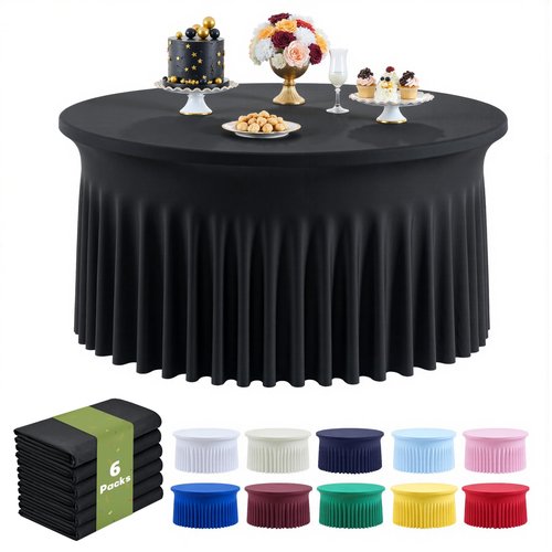 Outpain 6 Pack Black Round Spandex Tablecloth for 60 Inch/5FT Tables - Stretchy Table Cloth with Skirt, Wrinkle-Free Fitted Cloth for Wedding Vendor, Banquet & Graduation Decor (120" Round)