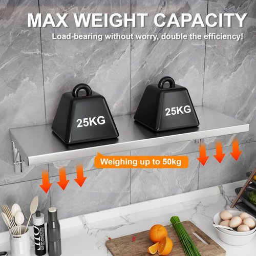 DULNICE Folding Wall Shelf 23.6" x 12", Stainless Steel Wall Mounted Folding Table, 110lb Capacity, Floating Concession Shelf for Food Trucks, Trailer Windows, Kitchen, Restaurant, Garage Utility Room