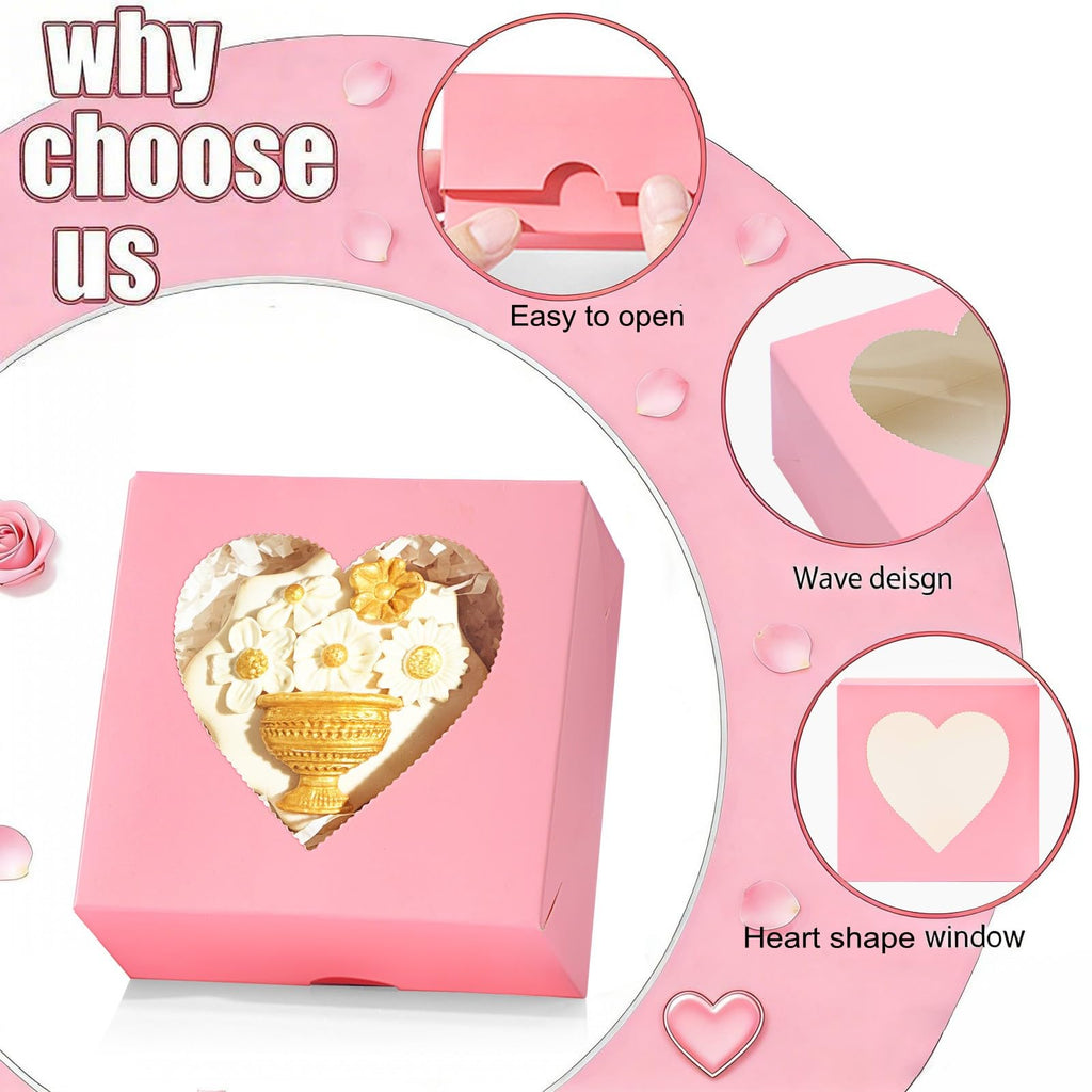 SLShePack 24Pack 4x4x2Inches Bakery Treat boxes with Heart Shaped Window Cookies Boxes Mini Baking Boxes for Cake Pie Cinnamon Roll Treat Chocolate Truffle Valentine's Day Favor