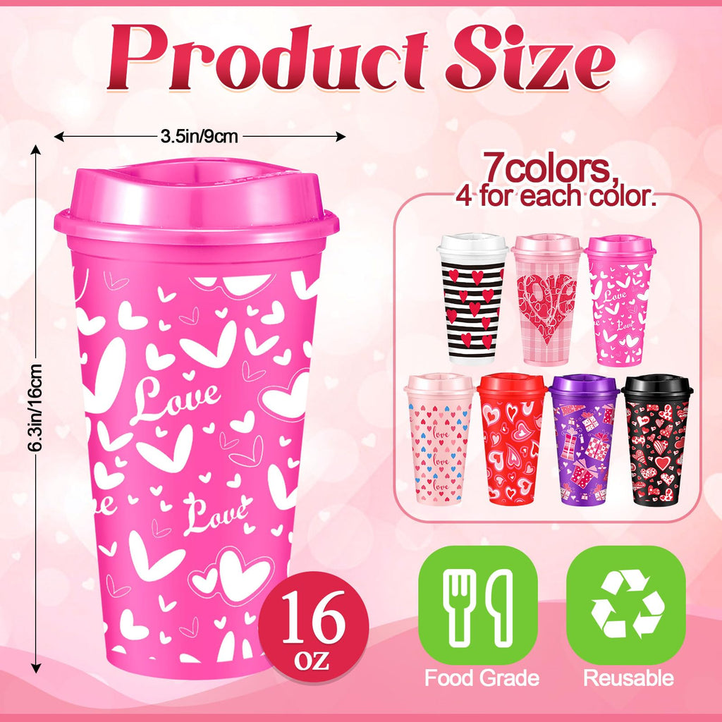 Pickmesh 28 Pack Valentines Day Coffee Cups Gift Bulk for Women Teachers 16 oz Reusable Valentine Coffee Mugs with Lid Red Heart Plastic Tumblers Thank You Mug for Hot and Cold Drinks