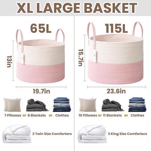 JMvicyroam Extra Large Blanket Basket - Woven Cotton Rope Laundry Hamper with Reinforced Handles | White & Pink, 115L Storage Bin for Pillows, Comforters & Toys