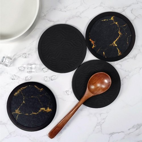 Set of 4 Non-Slip Silicone Coasters, Double-Sided Absorbent Cup Mats for Hot & Cold Drinks, Scratch & Water Ring Protection for Wood Tables, Home Office Bar Use (Black Gold Marble Pattern)