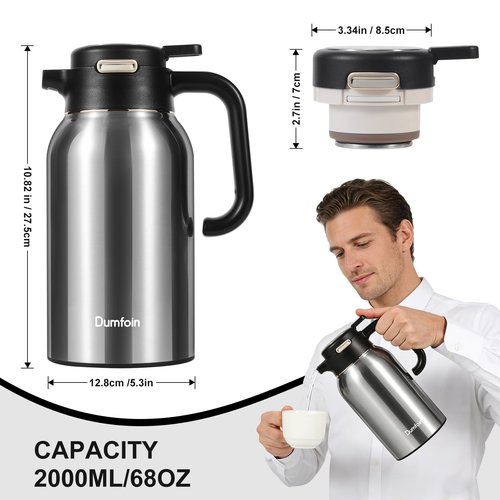 68 Oz Thermal Coffee Carafe, Stainless Steel Insulated Vacuum Coffee Carafes For Keeping Hot Liquid Thermal Pot Creamer Pitcher Dispenser(Silver/Silver)