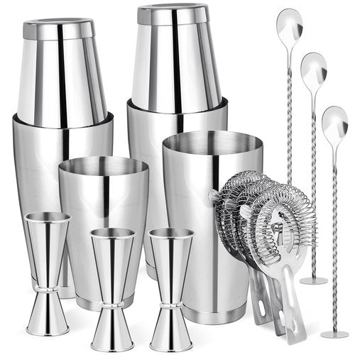 Mwellewm Cocktail Shaker Boston Shaker Set 15 Pcs Professional Bartender Kit Bar Shaker Stainless Steel Drink Shaker Bartending Martini Shaker Tin Mixed Alcohol Shaker Tool for Beginner(Silver)