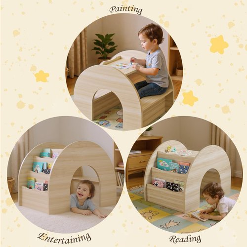 ZUNLANTK 3-in-1 Kids Desk and Chair Set, Toddler Desk with Bookshelf for Ages 2-7 | Arched Baby Bookshelf with Table for Reading Drawing Playing (Oak)