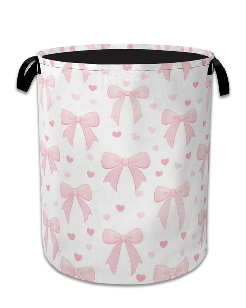 Cute Pink Bow Laundry Basket,Foldable Oxford Cloth Heart Laundry Hamper with Handles, 20.8"x16" Tote Bag Clothes Storage Bucket for Laundry Room/Bathroom/Bedroom/Dormitories