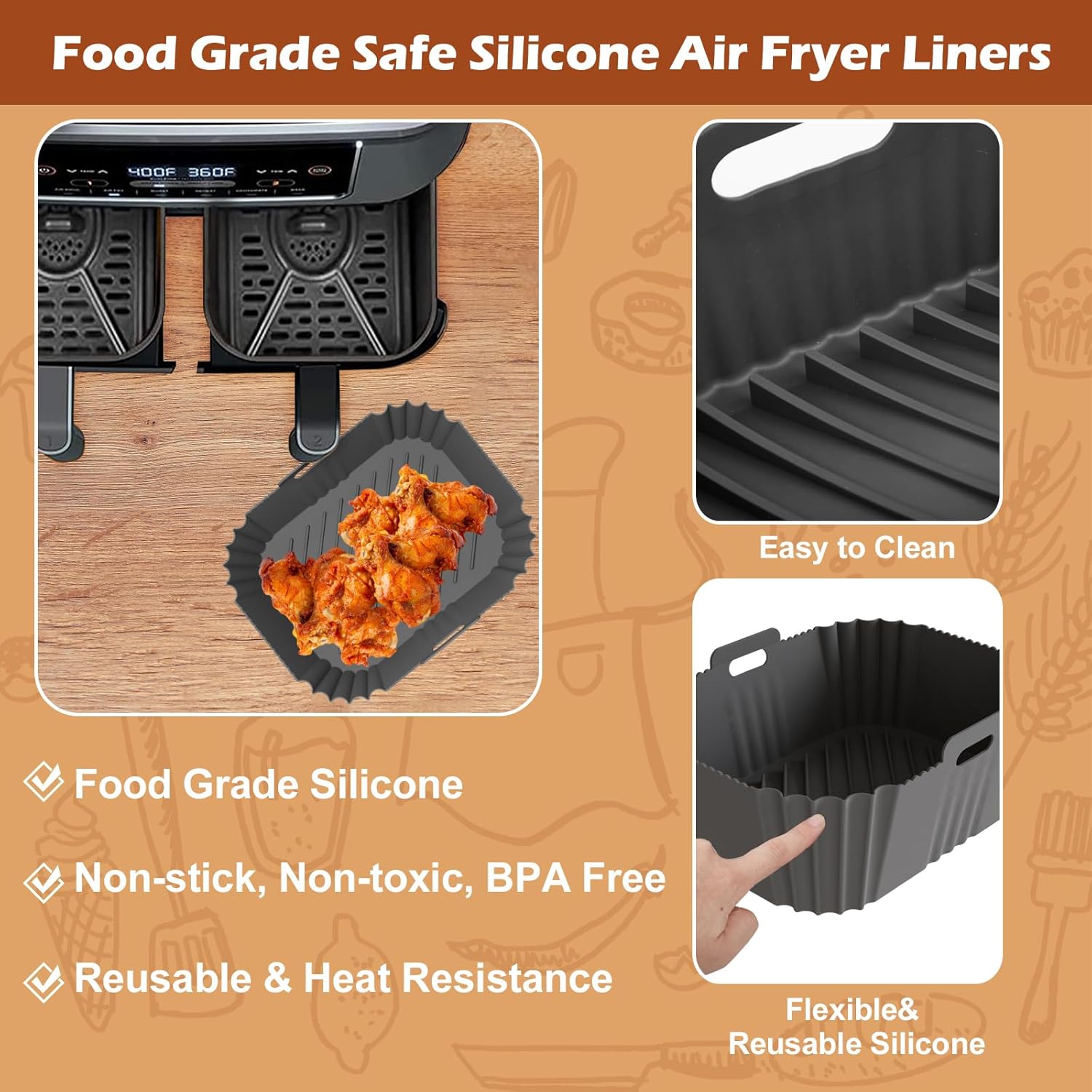 Skiennix Non-Stick Silicone Air Fryer Liners - Perfect Fit for Ninja & COSORI 8-10 QT | 2-Pack