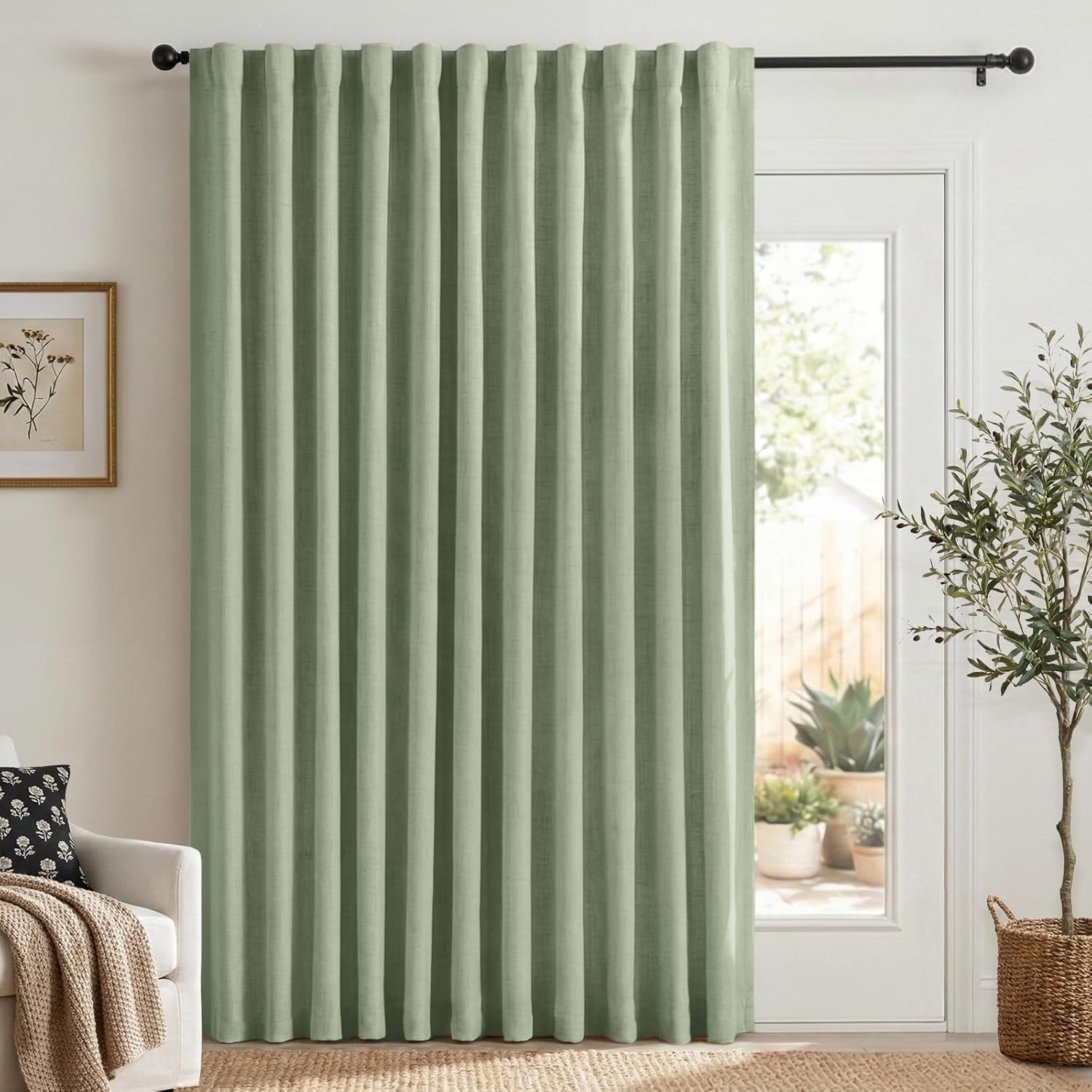 Skiennix 100% Blackout Linen Curtains - Thermal Insulated Drapes, 1 Panel Set, 100" W x 90" L, Sage