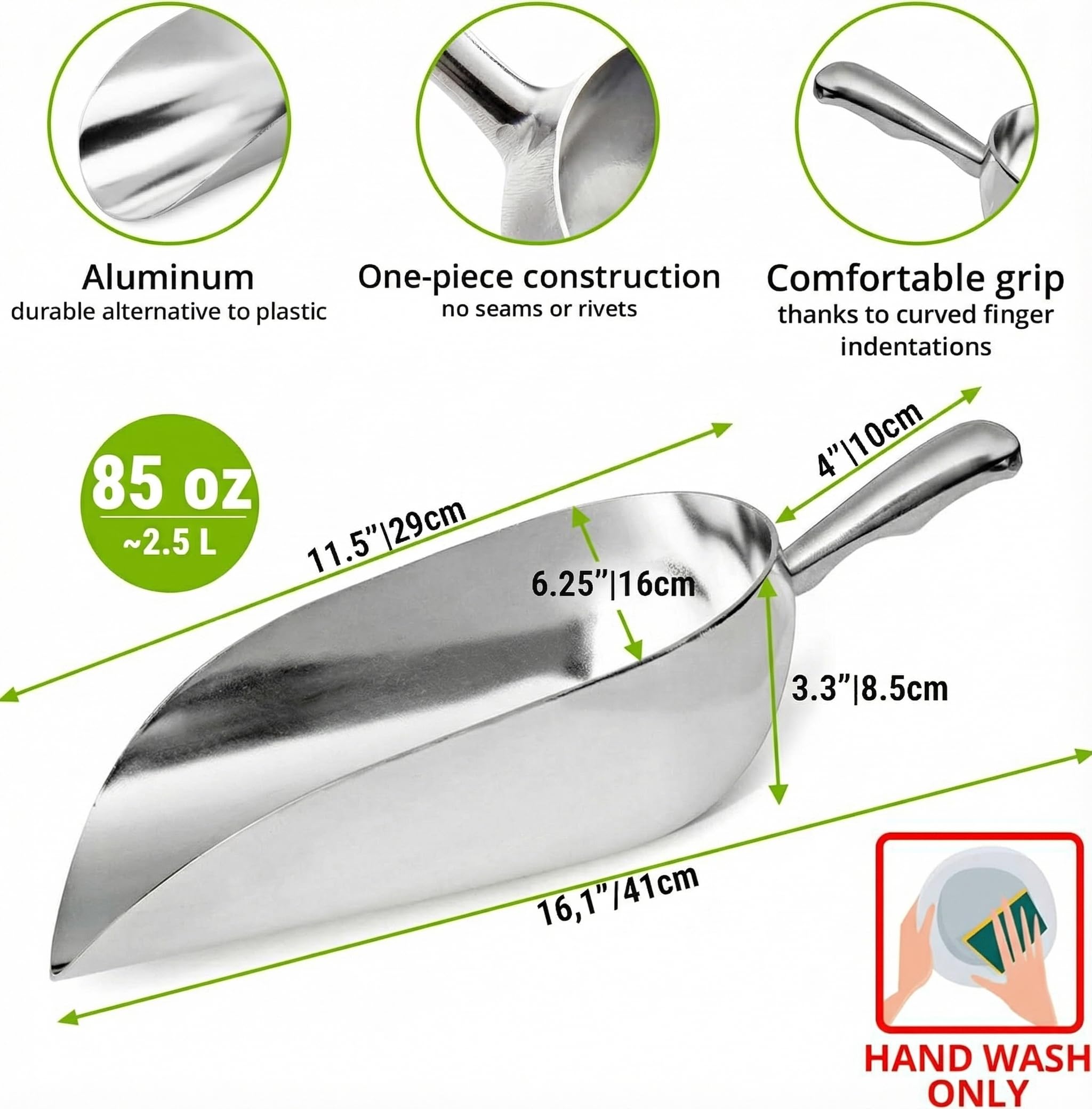 [Set of 3] 24oz + 58oz + 85oz Metal Scoops for Ice Machine - Large Aluminum Ice Scoop Bundle - Hand Wash Only