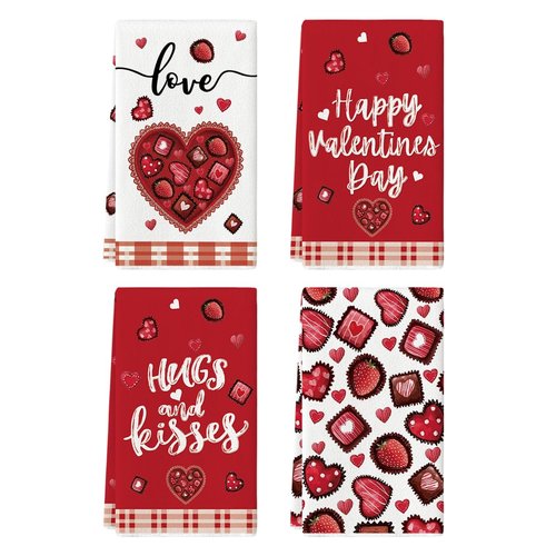 Artoid Mode Strawberry Chocolate Love Heart Valentine's Kitchen Towels Dish Towels, 18x26 Inch Wedding Anniversary Decoration Cleaning Set of 4