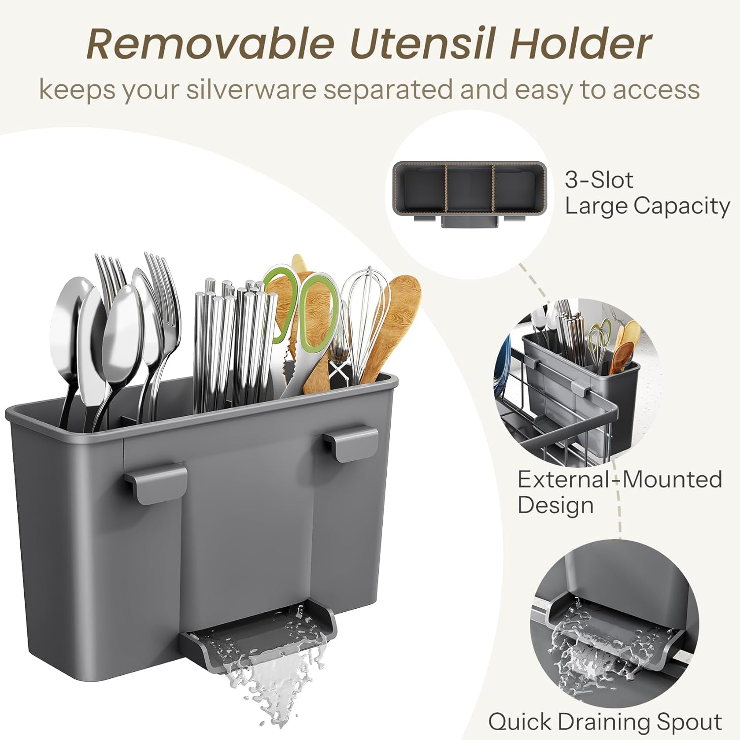 SNTD Dish Drying Rack - Stainless Steel Kitchen Dish Drainer with Utensil Holder | 11" W x 15" L (Grey)