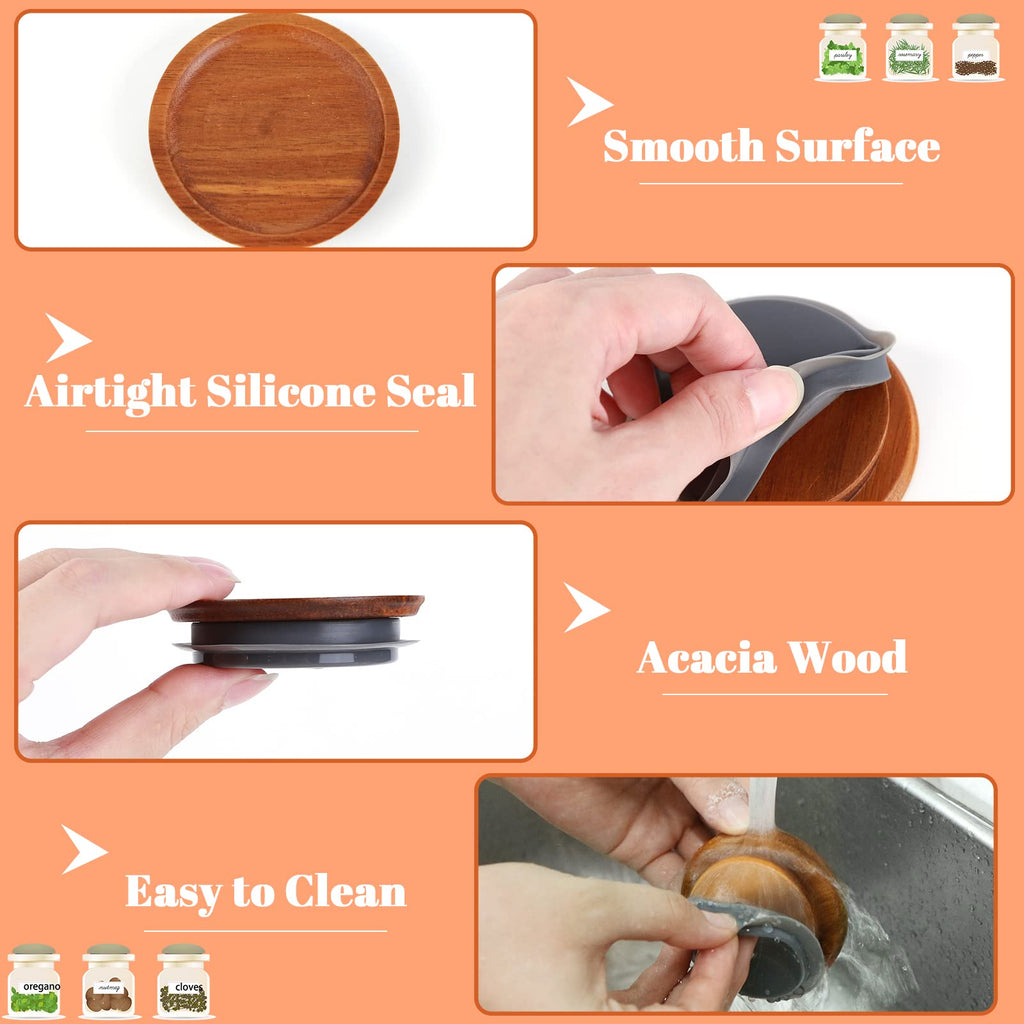 6Pack Wide Mouth Mason Jar Lids Acacia Wooden Storage Canning Jar Lids Ball Jars Bamboo Wooden Lids with Airtight Silicone Seal, Brown