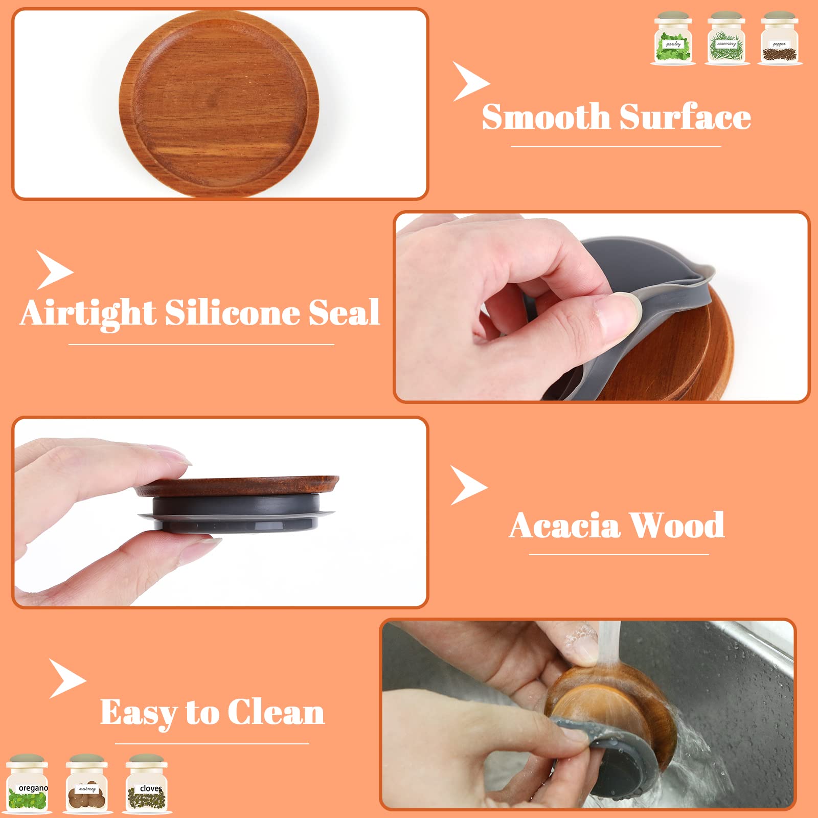 6Pack Wide Mouth Mason Jar Lids Acacia Wooden Storage Canning Jar Lids Ball Jars Bamboo Wooden Lids with Airtight Silicone Seal, Brown