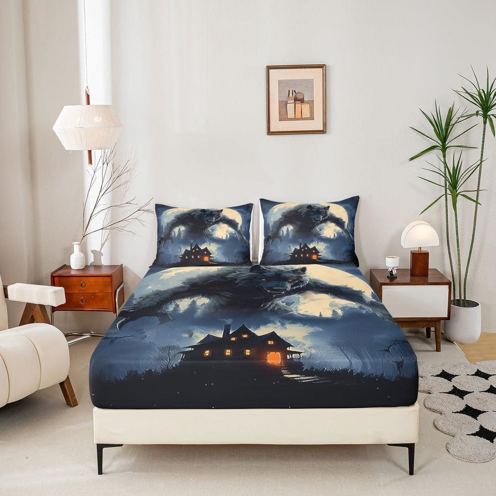 Howling Wolf Fitted Sheet Queen (No Flat Sheet),Gothic Castle Bedding Set Kids Boys Teens Men Room Decor,Western Moon Night Werewolf Bed Sheets Horror Wild Animals Deep Pocket Sheet,2 Pillowcases