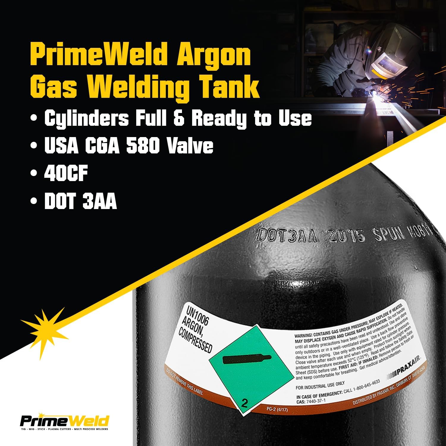 PrimeWeld 100% Argon Gas Welding Tank Full 40CF | DOT 3AA | USA CGA 580 Valve | Best Gas for TIG Welding Applications | Cylinders Full & Ready to Use
