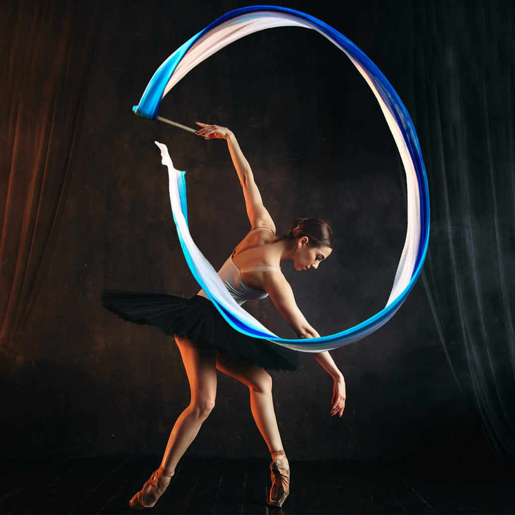 KIKIGOAL 16.4FT Dance Streamer Gymnastics Dance Ribbons Belly Dance Real Silk Ribbon Throw Streamer with Rod for Talent Shows, Artistic Dancing, Baton Twirling, Church Praise etc (Gradual Blue)