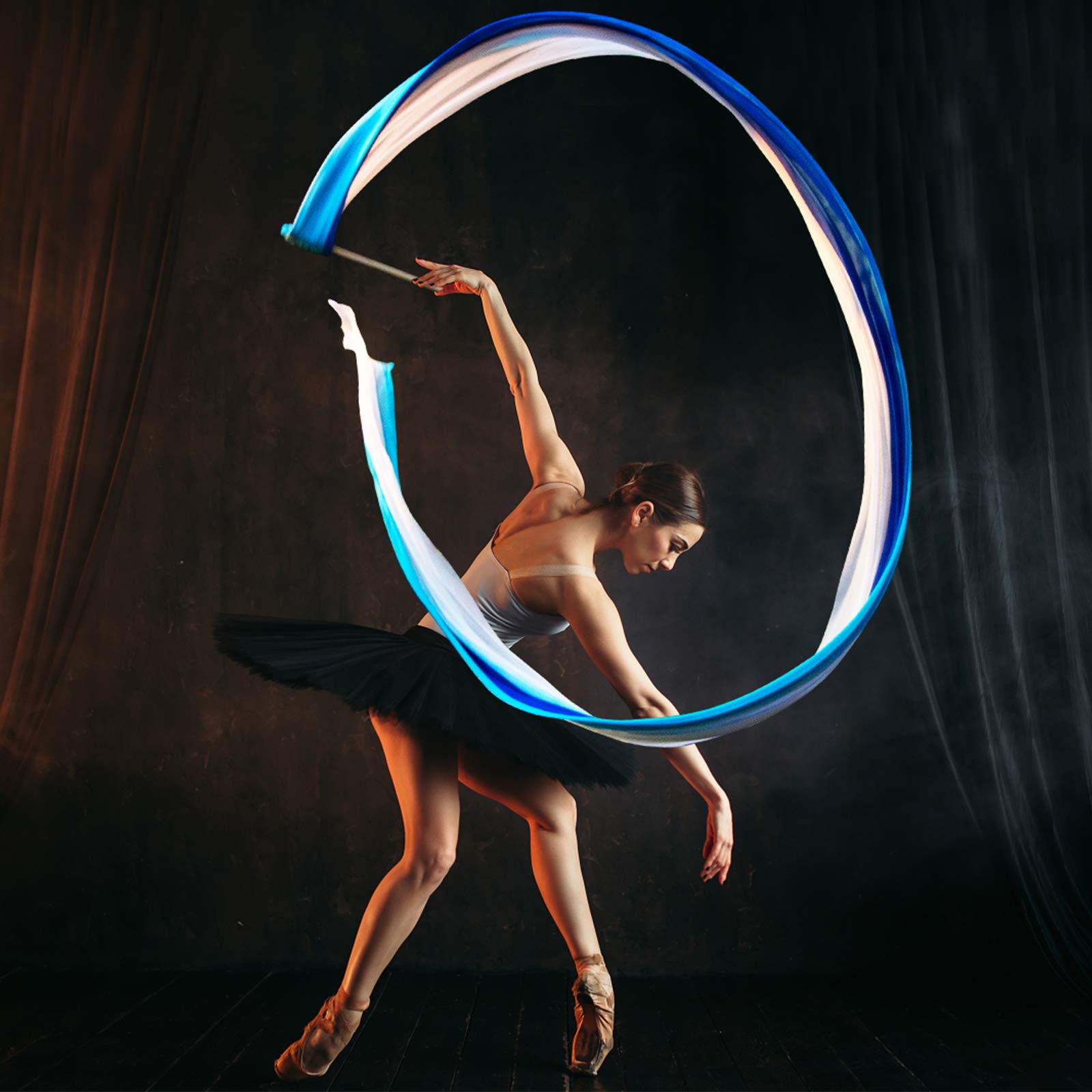 KIKIGOAL 16.4FT Dance Streamer Gymnastics Dance Ribbons Belly Dance Real Silk Ribbon Throw Streamer with Rod for Talent Shows, Artistic Dancing, Baton Twirling, Church Praise etc (Gradual Blue)