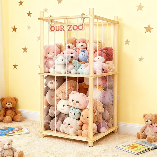Natural Pine Wood Stuffed Animal Storage by [Brand Name] - Tall Plushie Playhouse with Elastic Cords for Kids' Rooms