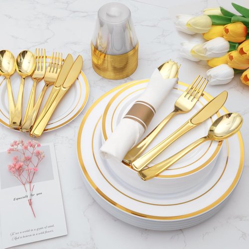 Goodluck 350-Piece Gold Plastic Dinnerware Set - Elegant Disposable Plates for 50 Guests | Includes Plates, Napkins & Silverware