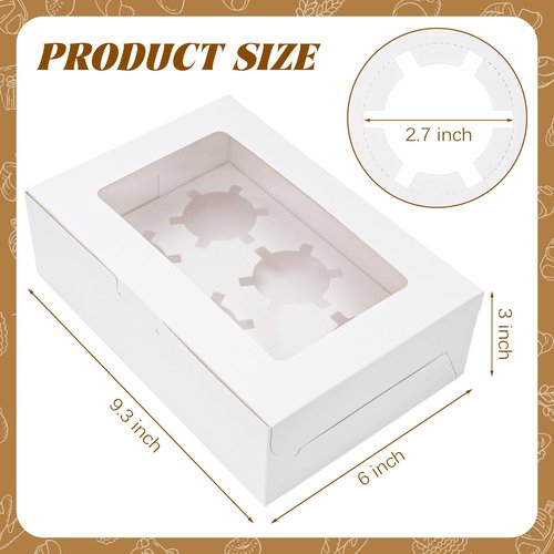 NPLUX 6 Pack Cupcake Boxes with Inserts 6 Holders, White Standard Bakery Boxes with Window Food Grade Cupcake Containers 6 Count for Muffins
