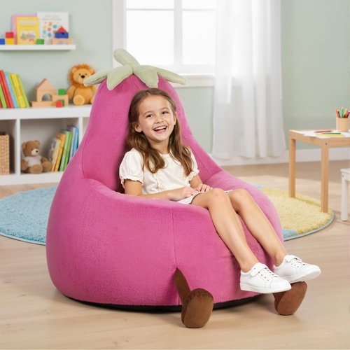 NEWBULIG Bean Bag Chair for Kids, Toddler Reading Comfy Sofa with Washable Soft Faux Rabbit Plush Cover, Kids Eggplant Bean Bag Chair for Bedroom, Playroom Living Room, Ages 4-12, 31 Inch, Rose Red