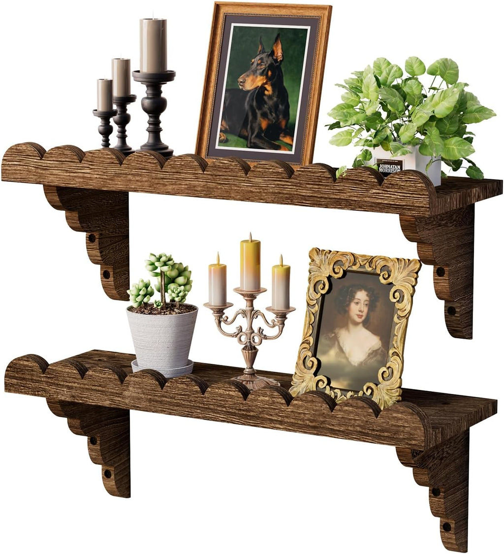 QsQueen Scalloped Wood Wall Shelf - 17-Inch Rustic Floating Shelf with Easy Install Brackets for Any Room